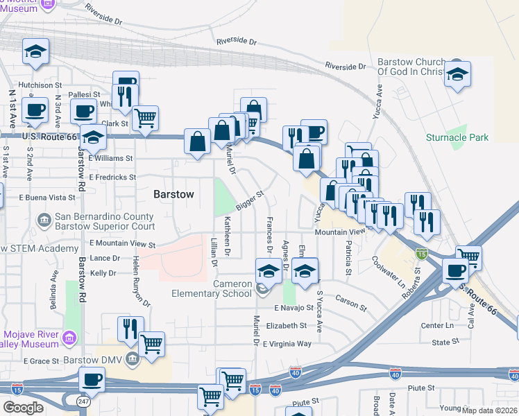 map of restaurants, bars, coffee shops, grocery stores, and more near 551 Muriel Drive in Barstow