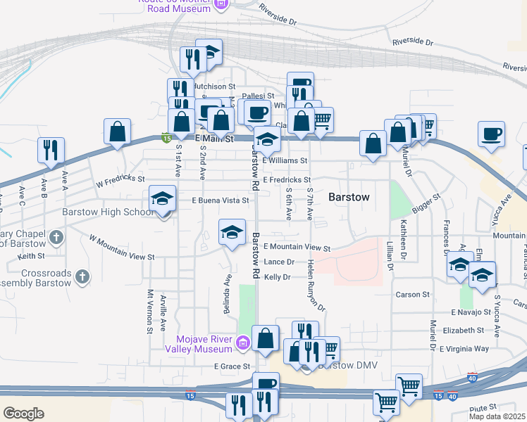 map of restaurants, bars, coffee shops, grocery stores, and more near 431 Pioneer Street in Barstow