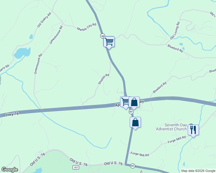map of restaurants, bars, coffee shops, grocery stores, and more near 64 Bowarrow Trail in Mineral Bluff