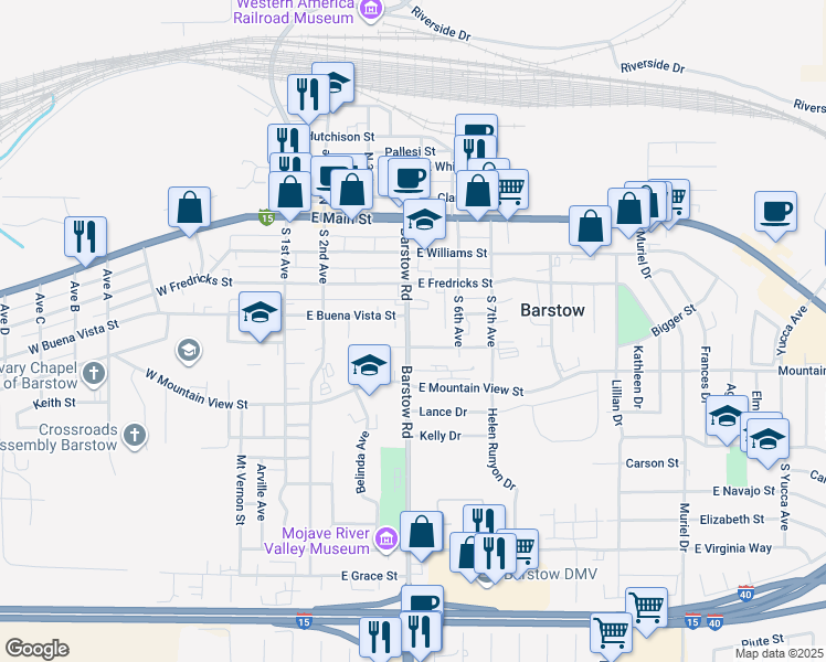 map of restaurants, bars, coffee shops, grocery stores, and more near 407 Barstow Road in Barstow