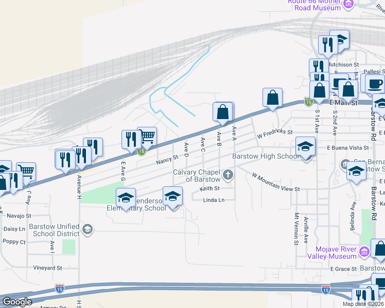 map of restaurants, bars, coffee shops, grocery stores, and more near 900 West Buena Vista Street in Barstow