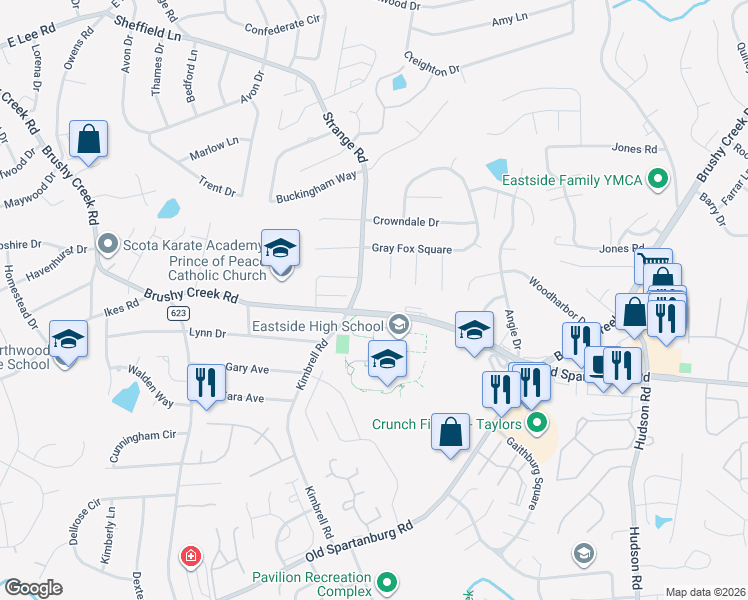 map of restaurants, bars, coffee shops, grocery stores, and more near 1300 Brushy Creek Road in Taylors