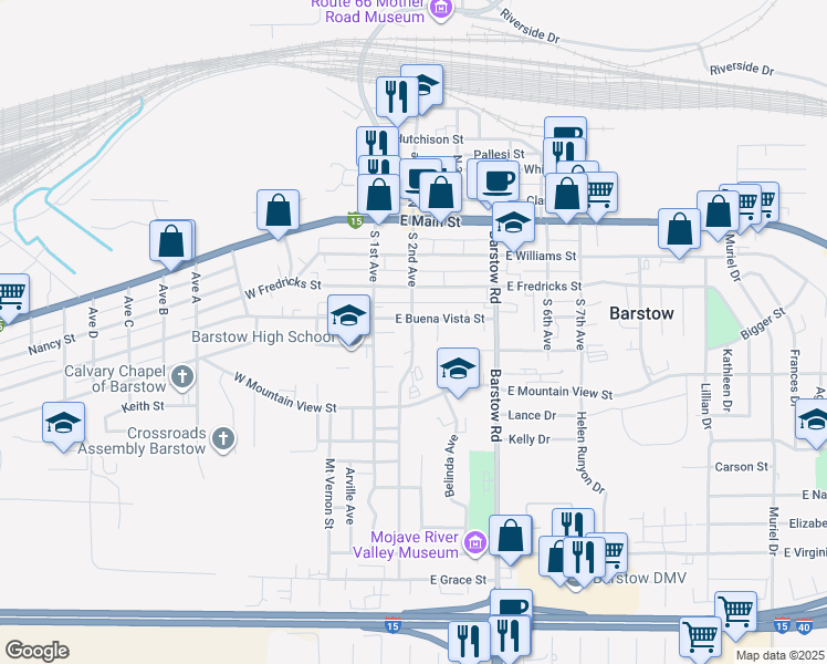 map of restaurants, bars, coffee shops, grocery stores, and more near in Barstow