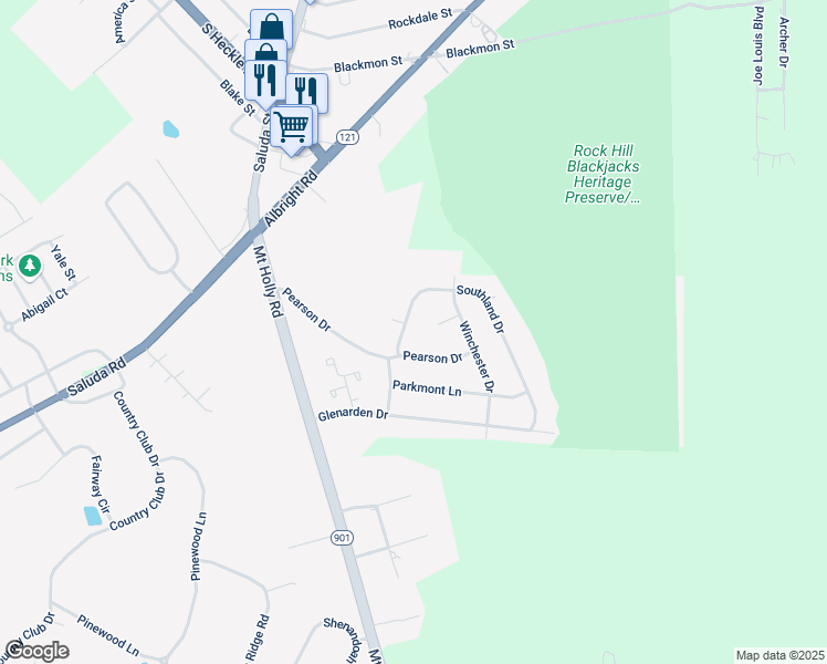map of restaurants, bars, coffee shops, grocery stores, and more near 1139 Pearson Drive in Rock Hill