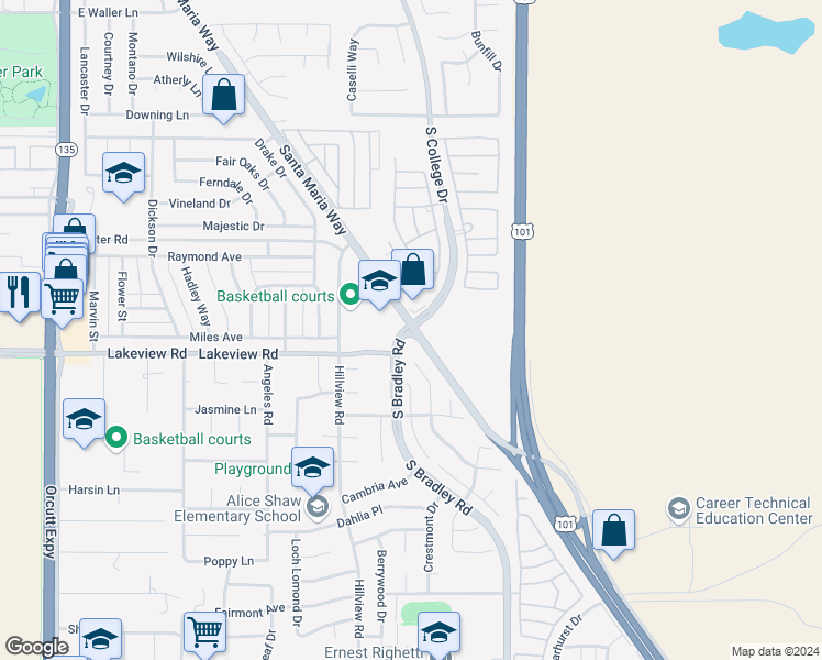 map of restaurants, bars, coffee shops, grocery stores, and more near 2206 S Bradley Rd in Santa Maria