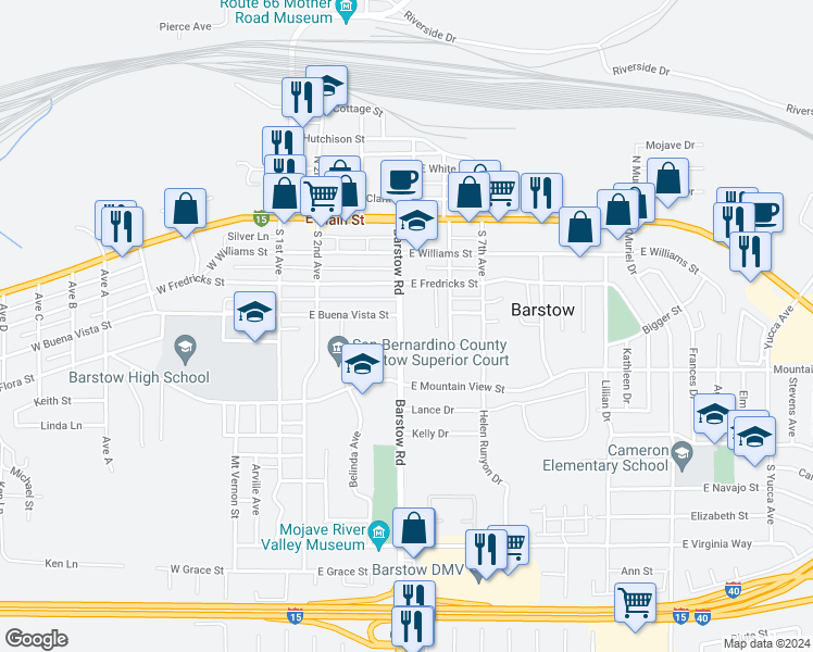 map of restaurants, bars, coffee shops, grocery stores, and more near 401 Barstow Road in Barstow