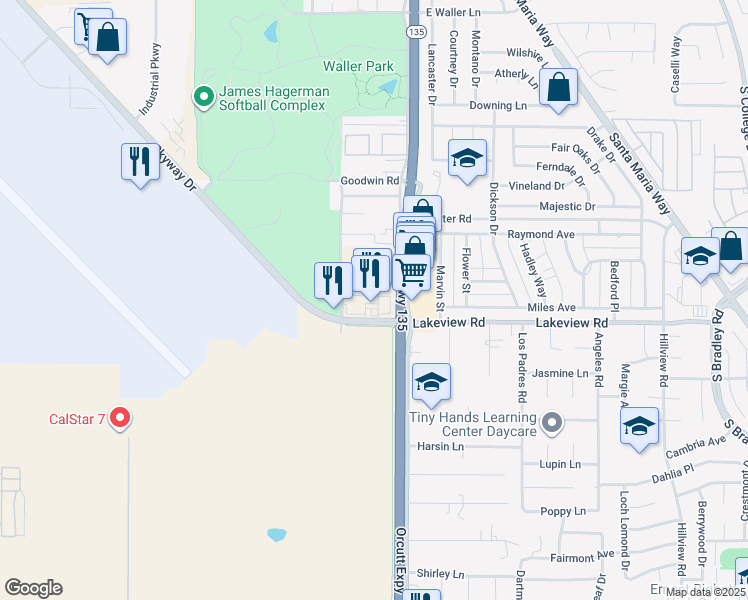 map of restaurants, bars, coffee shops, grocery stores, and more near 3564 Skyway Drive in Santa Maria