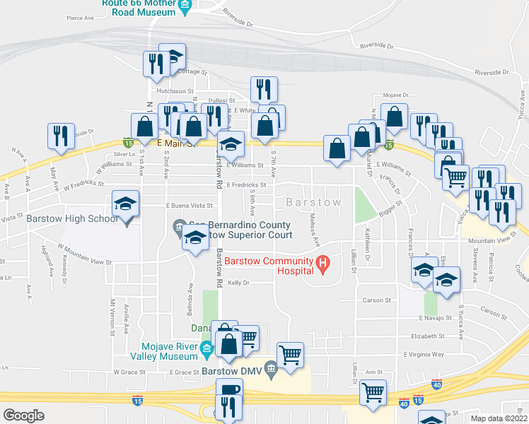 map of restaurants, bars, coffee shops, grocery stores, and more near 752 Dolph Court in Barstow