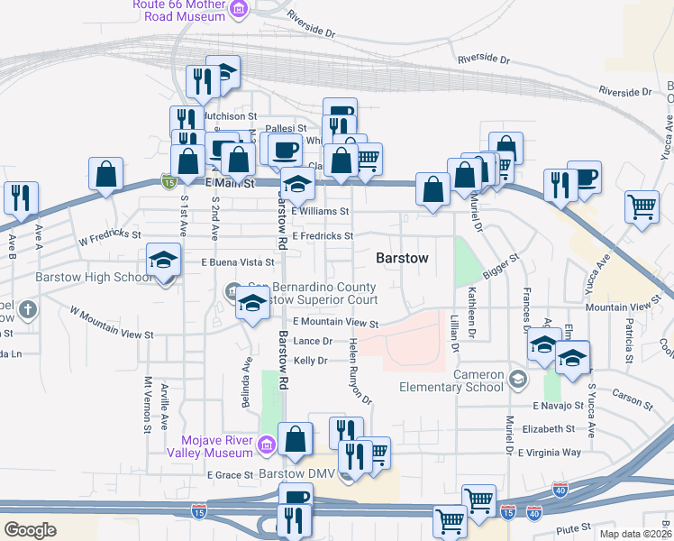 map of restaurants, bars, coffee shops, grocery stores, and more near 601 East Buena Vista Street in Barstow