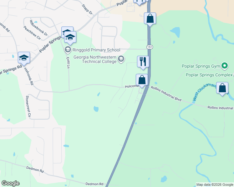 map of restaurants, bars, coffee shops, grocery stores, and more near 2265 Holcomb Road in Ringgold
