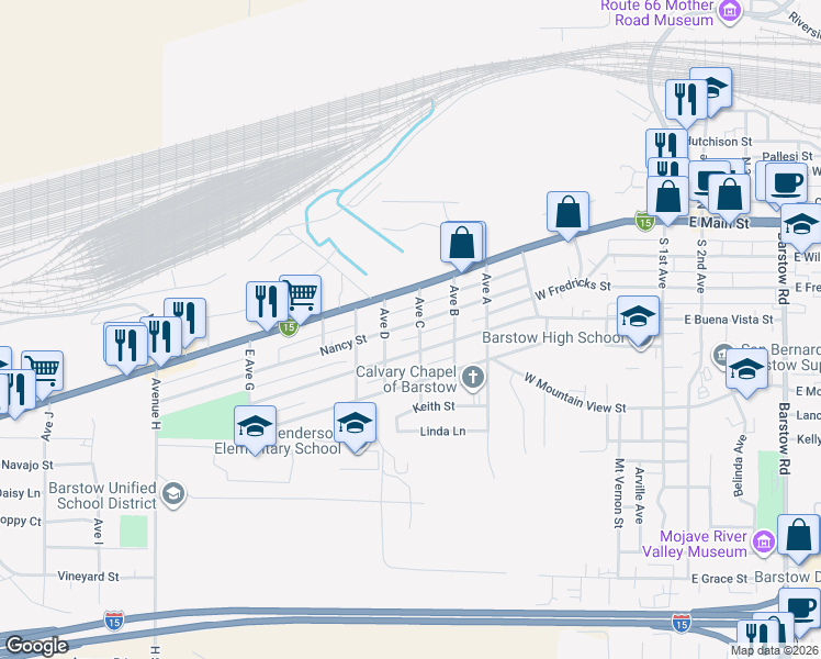 map of restaurants, bars, coffee shops, grocery stores, and more near 910 Nancy Street in Barstow