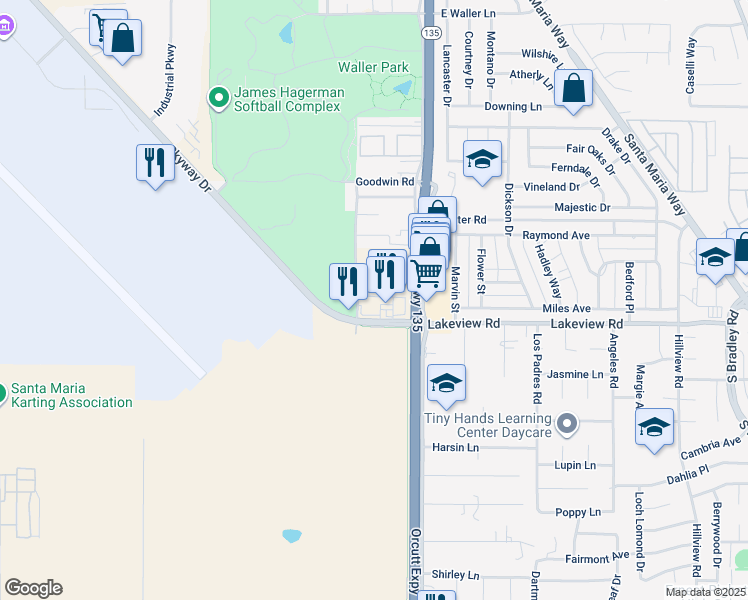 map of restaurants, bars, coffee shops, grocery stores, and more near 3300-3366 Orcutt Expressway in Santa Maria