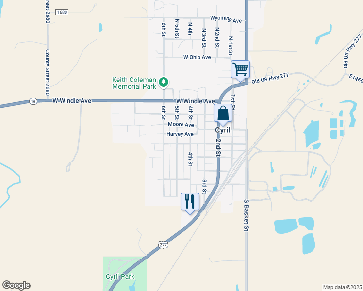 map of restaurants, bars, coffee shops, grocery stores, and more near 300 West Main Street in Cyril