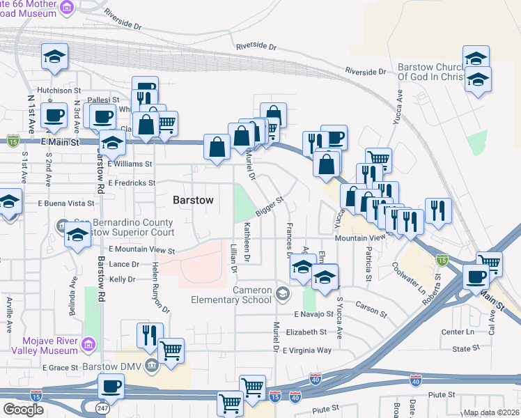 map of restaurants, bars, coffee shops, grocery stores, and more near 441 Adele Drive in Barstow