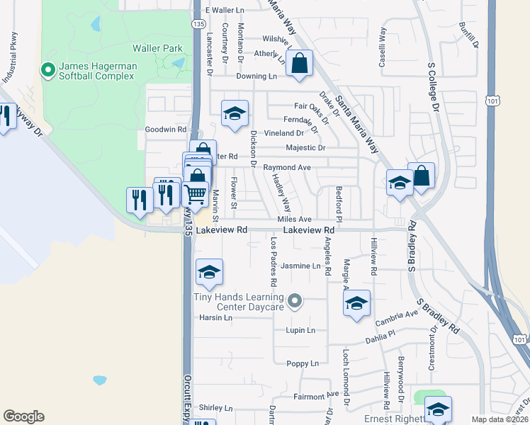 map of restaurants, bars, coffee shops, grocery stores, and more near 3545 Dickson Drive in Santa Maria