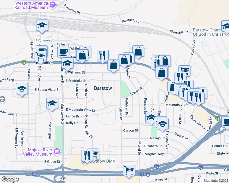 map of restaurants, bars, coffee shops, grocery stores, and more near 330 Lillian Drive in Barstow