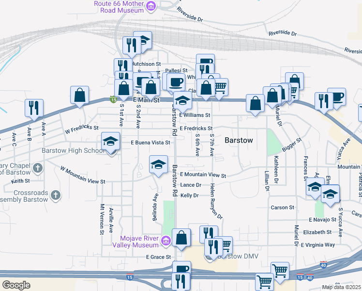 map of restaurants, bars, coffee shops, grocery stores, and more near 335 Barstow Road in Barstow
