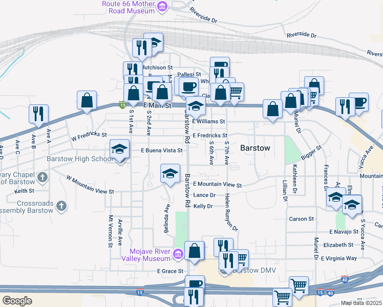 map of restaurants, bars, coffee shops, grocery stores, and more near 335 Barstow Road in Barstow