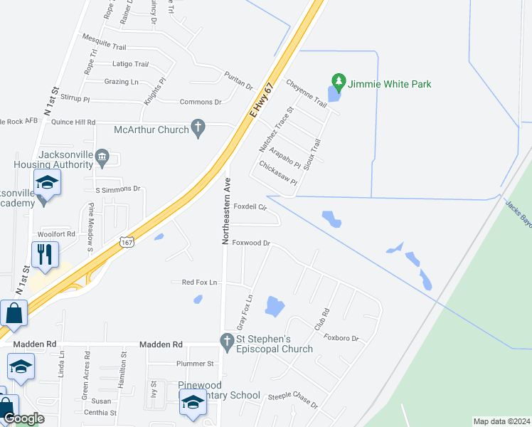 map of restaurants, bars, coffee shops, grocery stores, and more near 113 Foxdell Circle in Jacksonville
