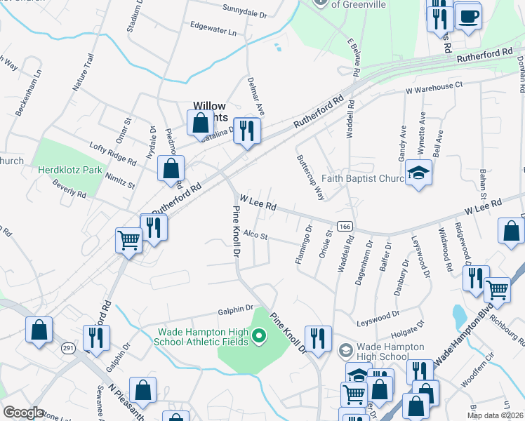 map of restaurants, bars, coffee shops, grocery stores, and more near 3622 West Lee Road in Taylors