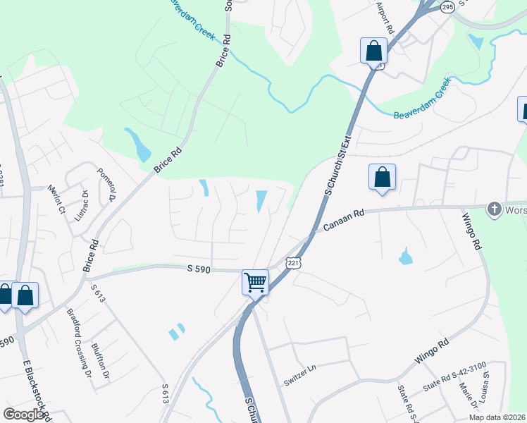 map of restaurants, bars, coffee shops, grocery stores, and more near 270 Basswood Drive in Roebuck