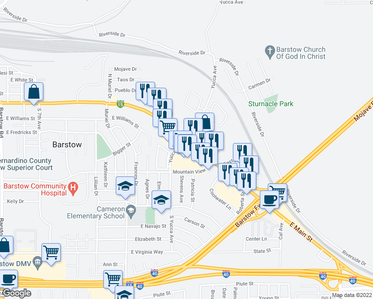 map of restaurants, bars, coffee shops, grocery stores, and more near 1314 East Main Street in Barstow