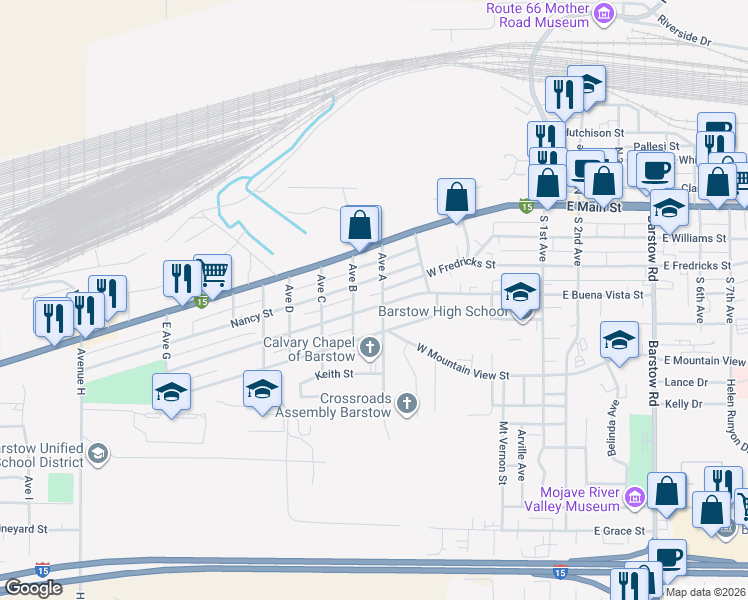 map of restaurants, bars, coffee shops, grocery stores, and more near 711 West Buena Vista Street in Barstow