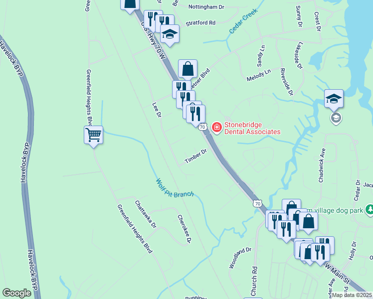 map of restaurants, bars, coffee shops, grocery stores, and more near 606 Timber Court in Havelock