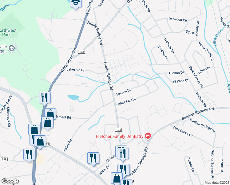 map of restaurants, bars, coffee shops, grocery stores, and more near 504 Hunts Bridge Road in Greenville