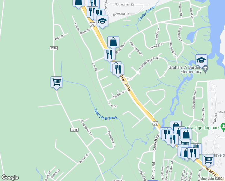 map of restaurants, bars, coffee shops, grocery stores, and more near 606 Timber Court in Havelock