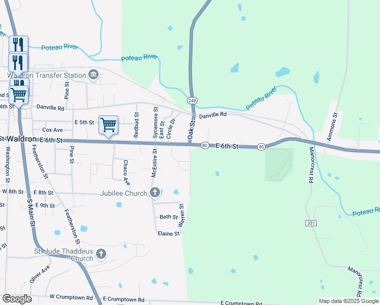 map of restaurants, bars, coffee shops, grocery stores, and more near Oak Street in Waldron