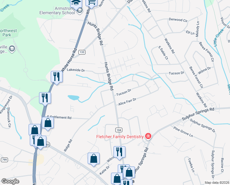 map of restaurants, bars, coffee shops, grocery stores, and more near 504 Hunts Bridge Road in Greenville