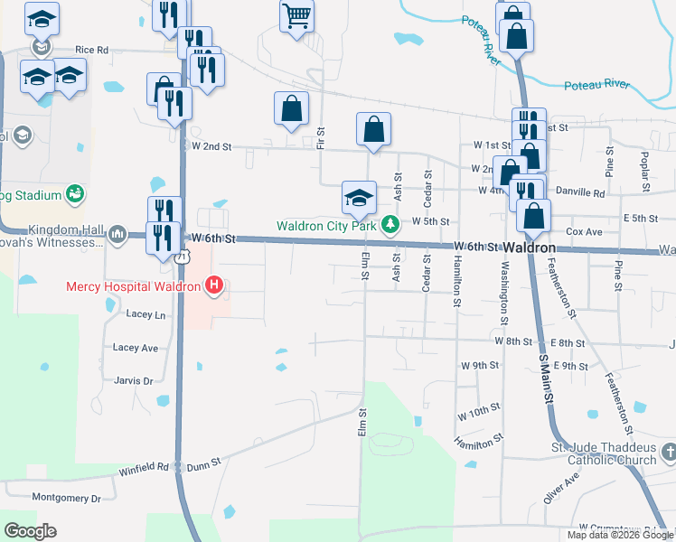 map of restaurants, bars, coffee shops, grocery stores, and more near 800 Huie Avenue in Waldron