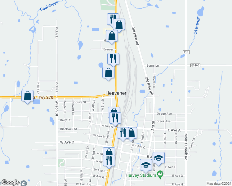 map of restaurants, bars, coffee shops, grocery stores, and more near in Heavener