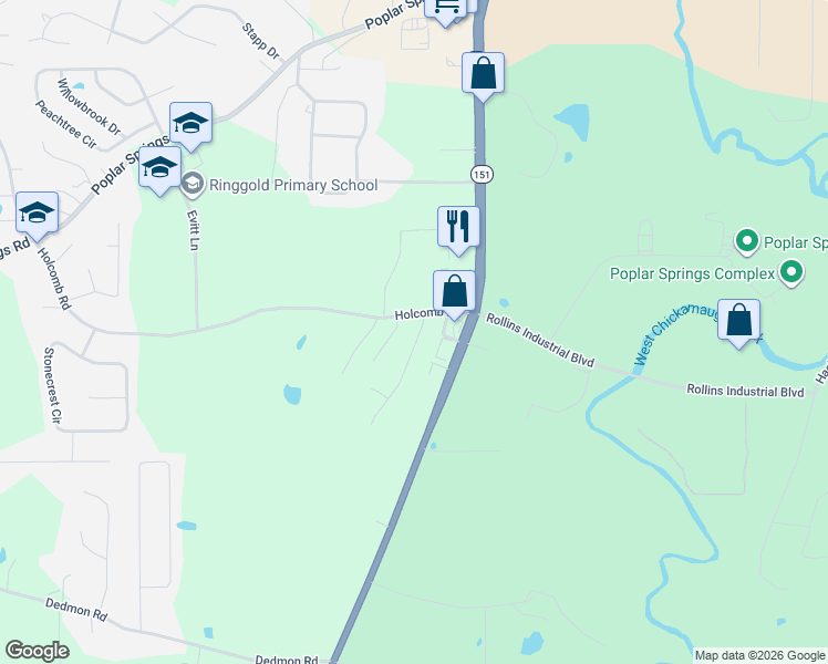 map of restaurants, bars, coffee shops, grocery stores, and more near 15 Night Shade Lane in Ringgold