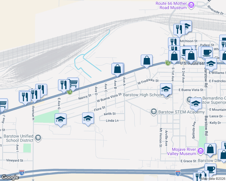 map of restaurants, bars, coffee shops, grocery stores, and more near 801 Nancy Street in Barstow