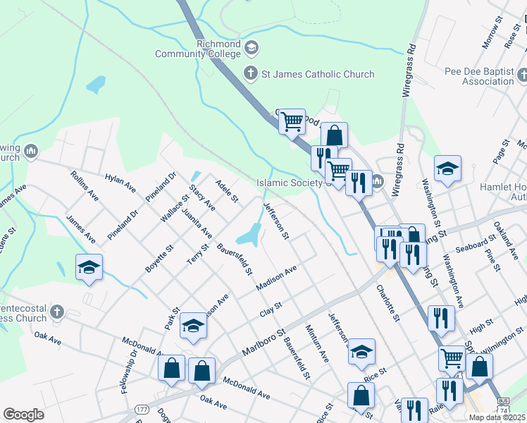 map of restaurants, bars, coffee shops, grocery stores, and more near 91 Terry Street in Hamlet