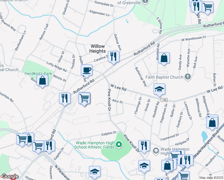 map of restaurants, bars, coffee shops, grocery stores, and more near 603 Pine Knoll Drive in Greenville