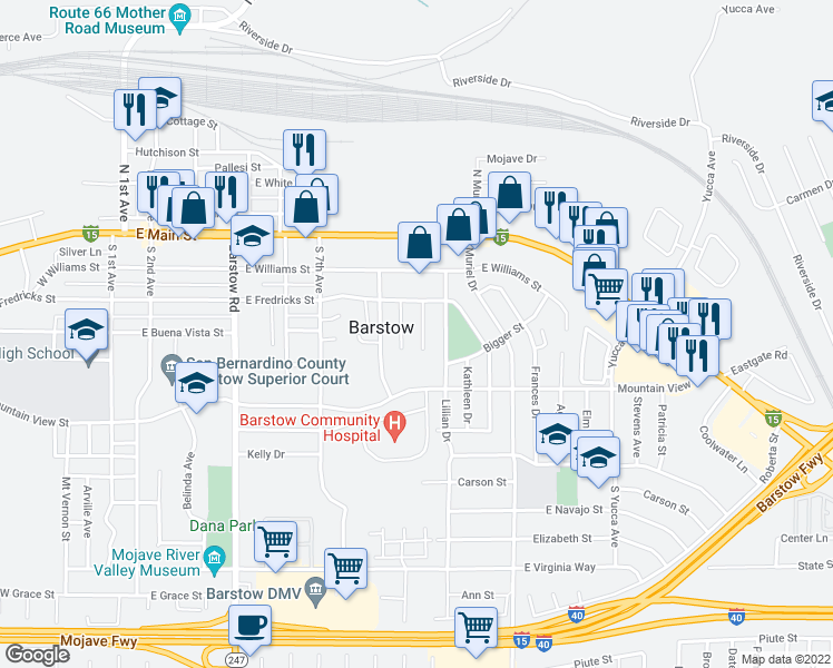 map of restaurants, bars, coffee shops, grocery stores, and more near 322 Maxine Avenue in Barstow