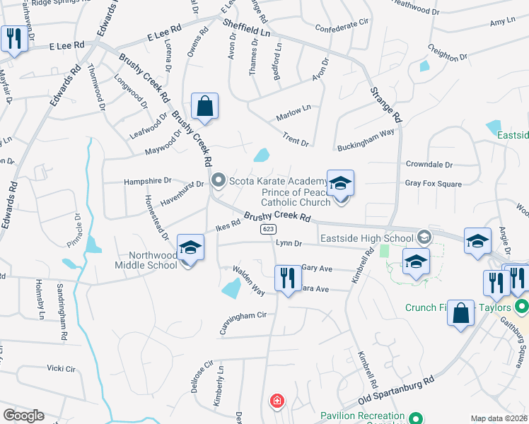 map of restaurants, bars, coffee shops, grocery stores, and more near 3 Collinwood Lane in Taylors