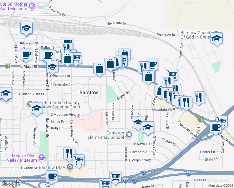 map of restaurants, bars, coffee shops, grocery stores, and more near 421 Adele Drive in Barstow