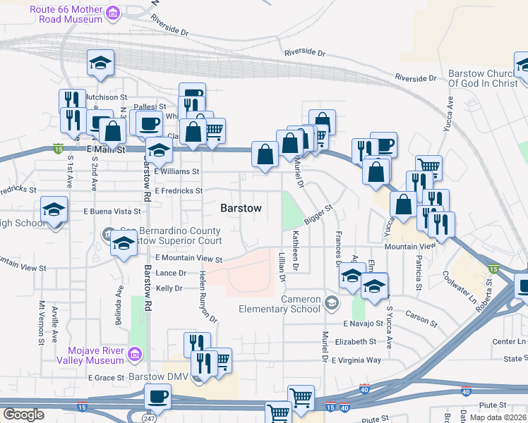map of restaurants, bars, coffee shops, grocery stores, and more near 314 Mary Anne Avenue in Barstow