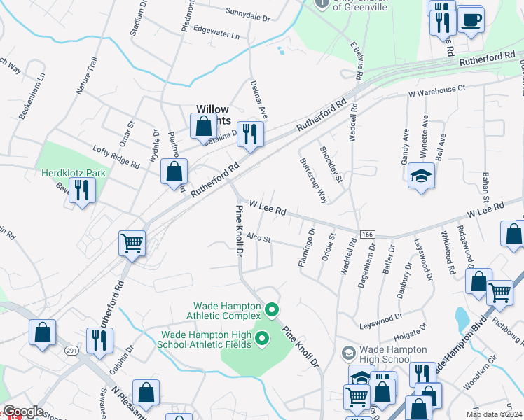 map of restaurants, bars, coffee shops, grocery stores, and more near 3622 West Lee Road in Taylors