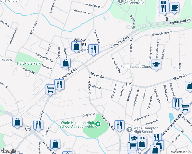 map of restaurants, bars, coffee shops, grocery stores, and more near 3622 West Lee Road in Taylors