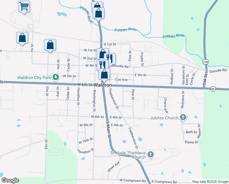 map of restaurants, bars, coffee shops, grocery stores, and more near 83 East 6th Street in Waldron