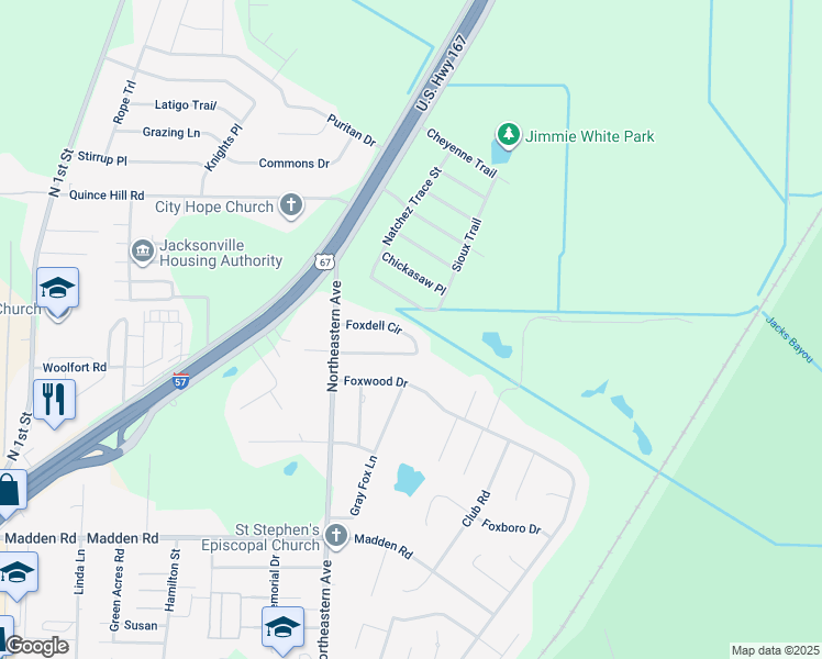 map of restaurants, bars, coffee shops, grocery stores, and more near 118 Foxdell Circle in Jacksonville