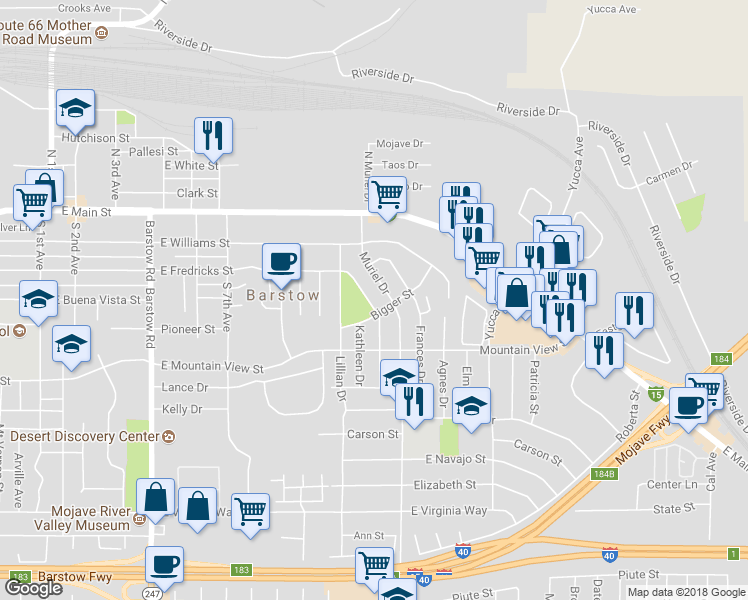 map of restaurants, bars, coffee shops, grocery stores, and more near 421 Adele Drive in Barstow