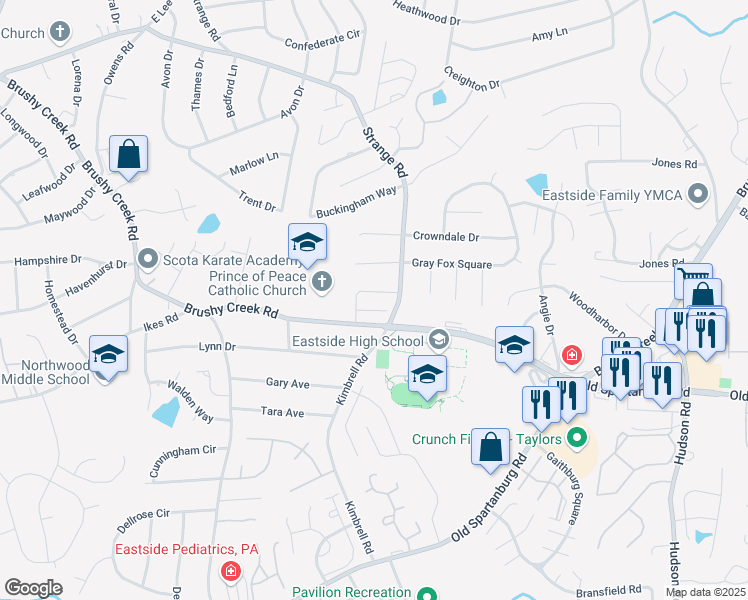map of restaurants, bars, coffee shops, grocery stores, and more near 1225 Brushy Creek Road in Taylors
