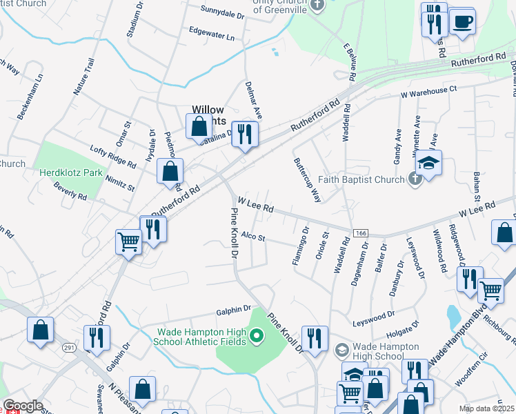 map of restaurants, bars, coffee shops, grocery stores, and more near 3622 West Lee Road in Taylors