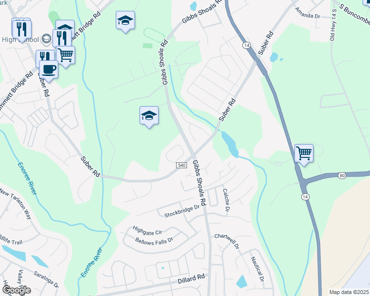 map of restaurants, bars, coffee shops, grocery stores, and more near 71 Wood Hollow Circle in Greer
